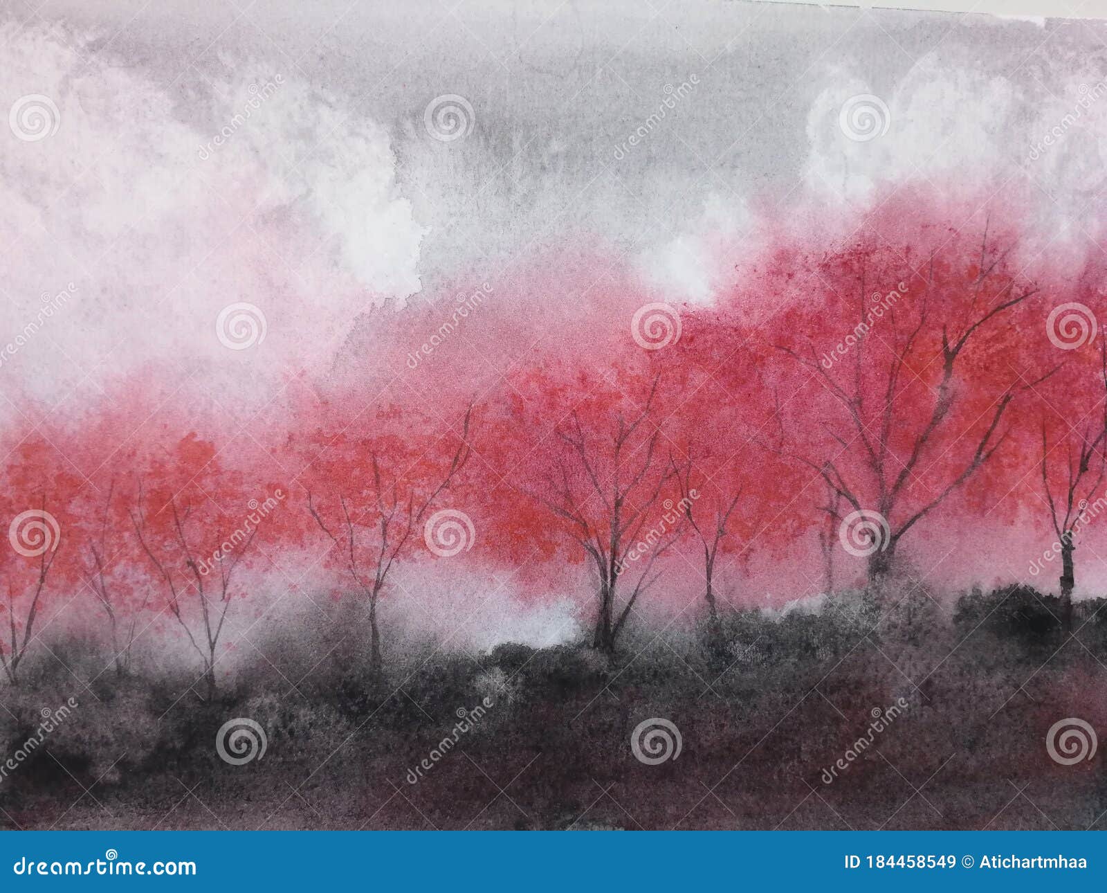 watercolor landscape mountain fog maple tree
