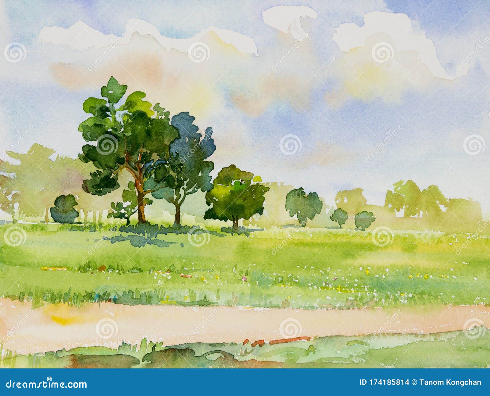 Watercolor Landscape Painting Panorama Colorful of Natural Beauty Stock Illustration - Illustration of background: 174185814