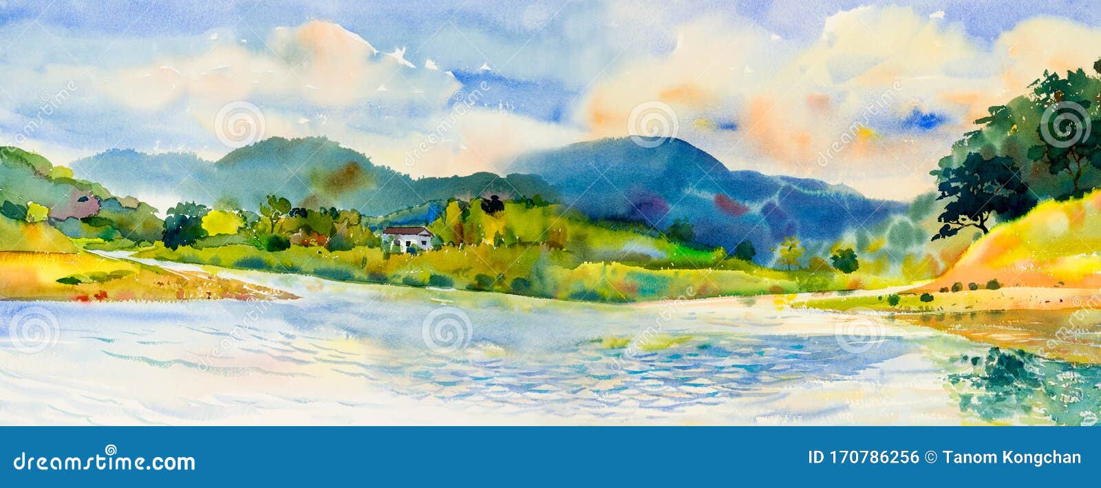 Watercolor Landscape Painting Panorama View of River and Mountain ...