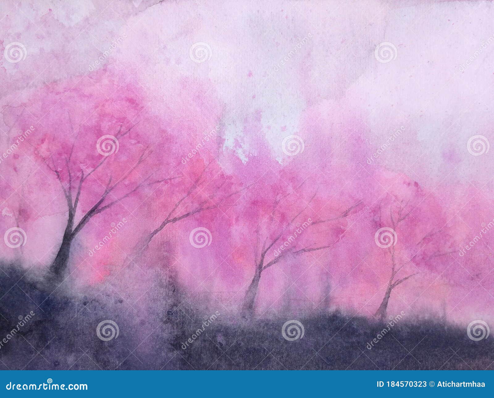 Watercolor Landscape Pink Trees Cherry Blossom or Sakura Leaf Falling To  the Wind in Mountain Hill with Meadow Field. Traditional Stock Image -  Image of ground, field: 184570323
