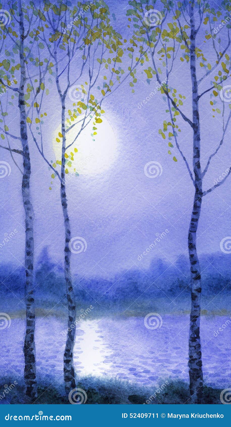 drawing to how quiet River The Landscape. Watercolor Spring Near Birch Trees drawing to how quiet River The Landscape. Watercolor Spring Near Birch Trees