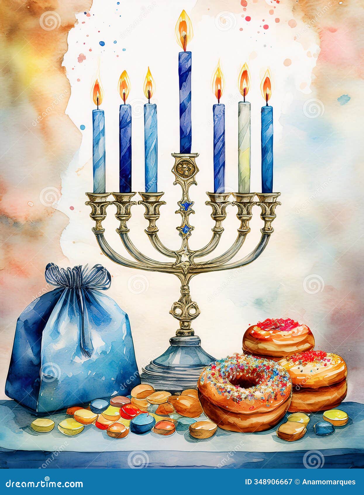 watercolor of a lit menorah with candles, surrounded by donuts, chocolate coins, dreidels. hanukkah celebrations generative ai