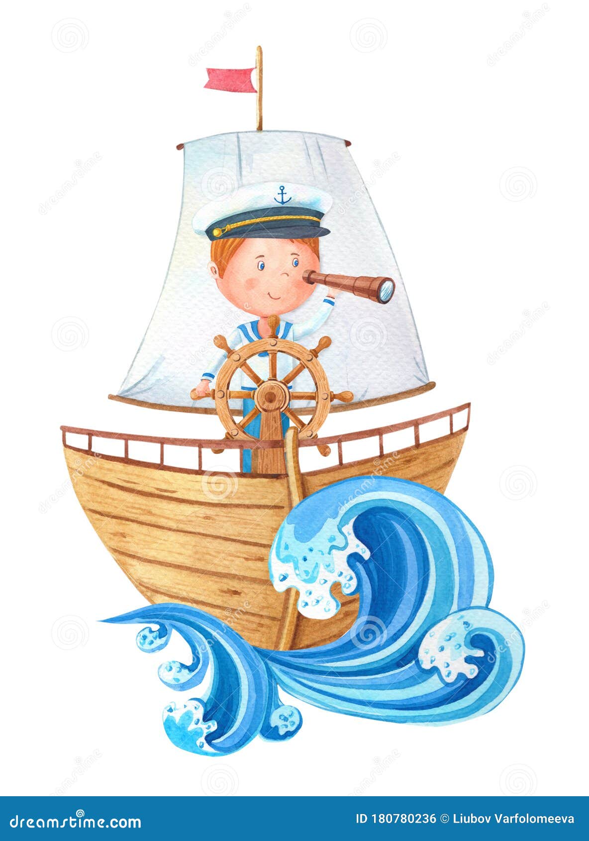 watercolor little captain at the wheel on ahoy wooden ship.cute cartoon boy in a sailor suit looks through a telescope.