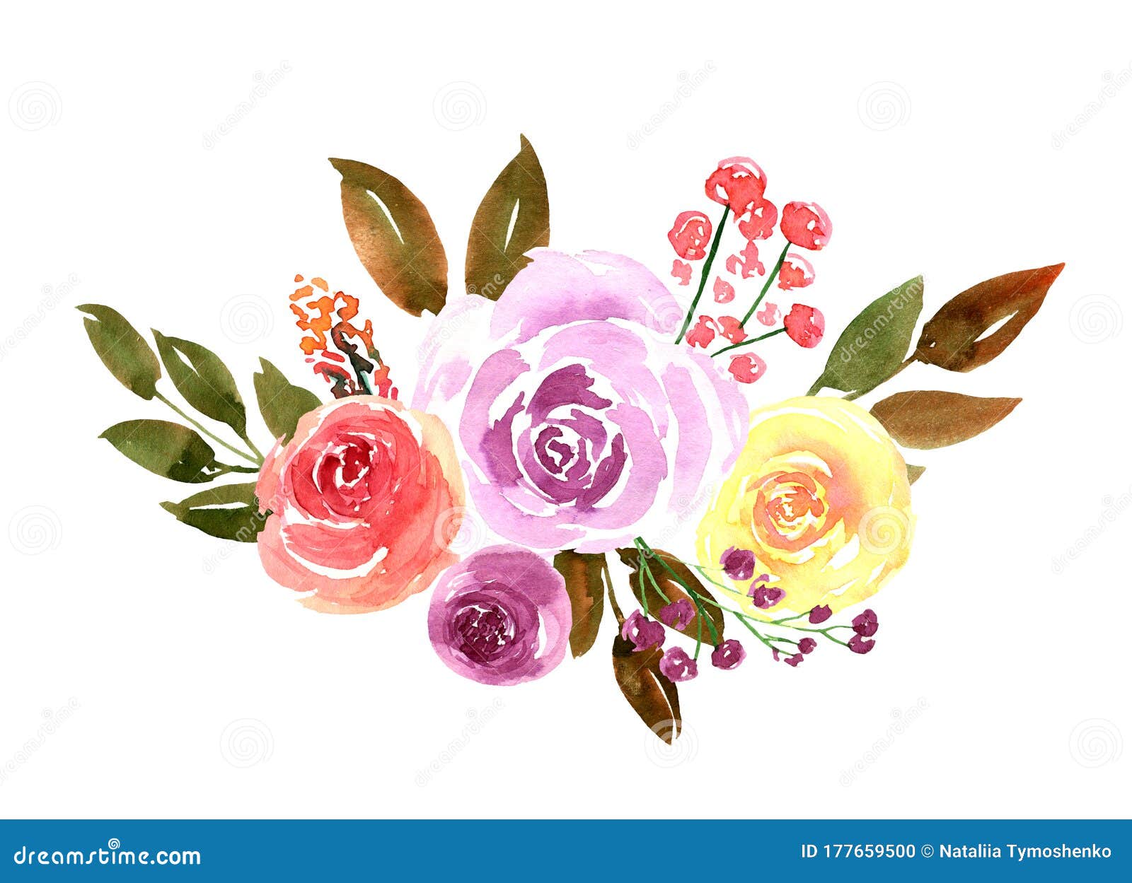 Watercolor Loose Flowers Beautiful Clip Art. Elegant Floral Bouquet, Banner  with Pink, Violet, Yellow Rose Flowers and Leaves, Stock Illustration -  Illustration of invitation, bouquet: 177659500