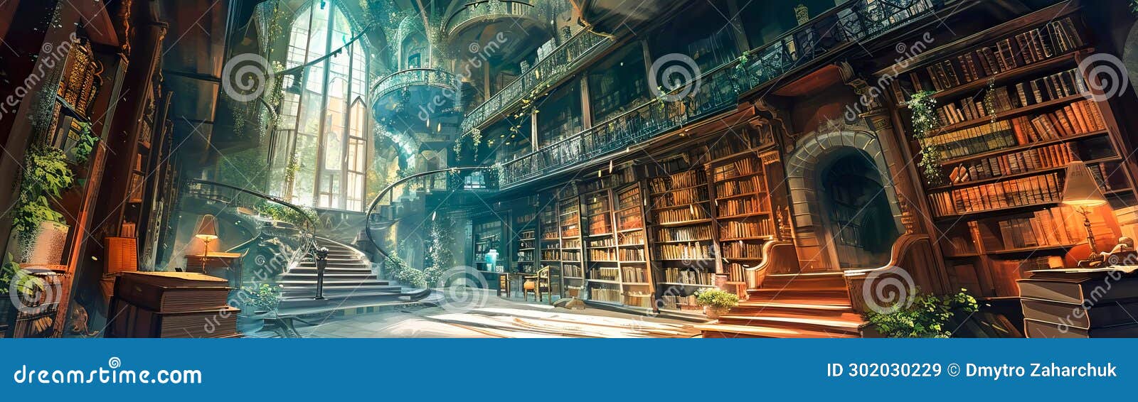 watercolor of a magical library with books, to create a creative atmosphere of storytelling