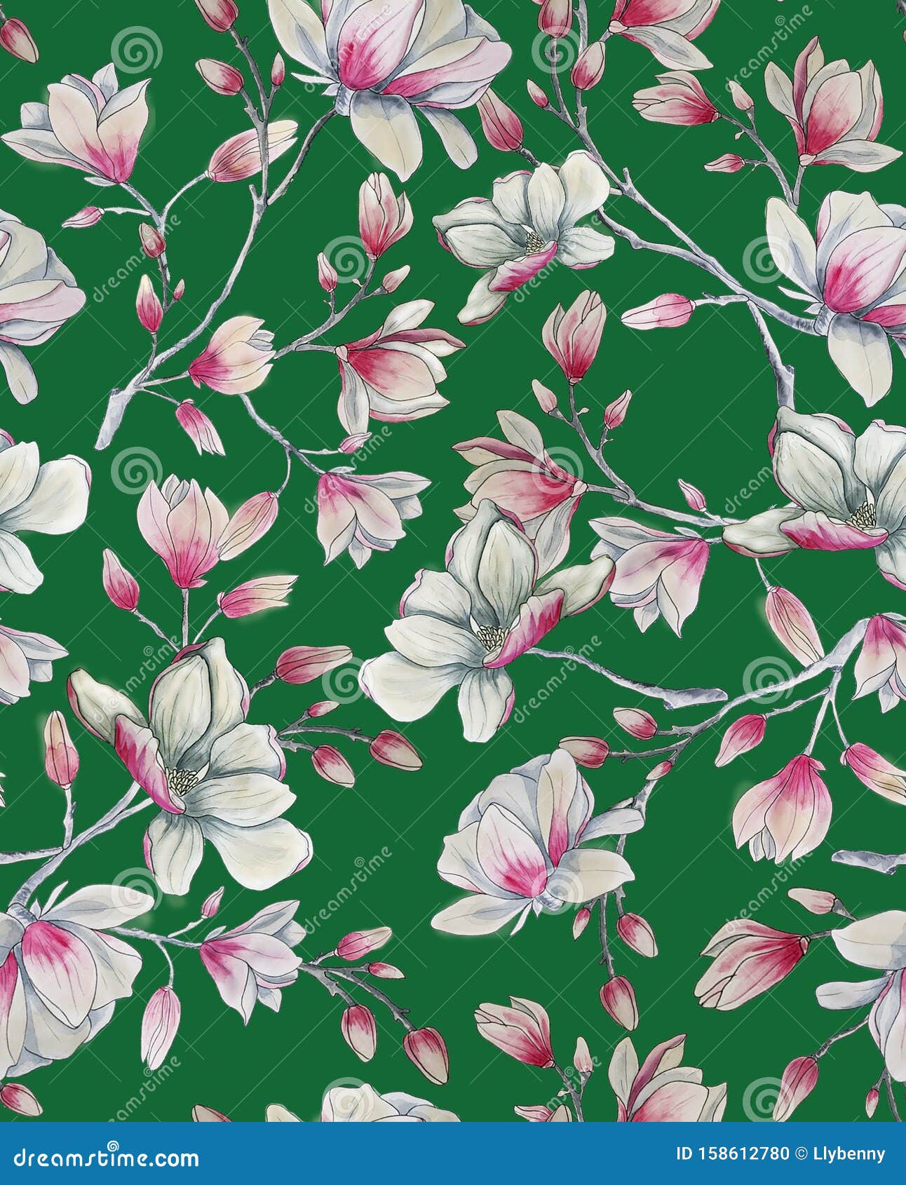 Watercolor Magnolia Flower Seamless Pattern In Kelly Green Ground