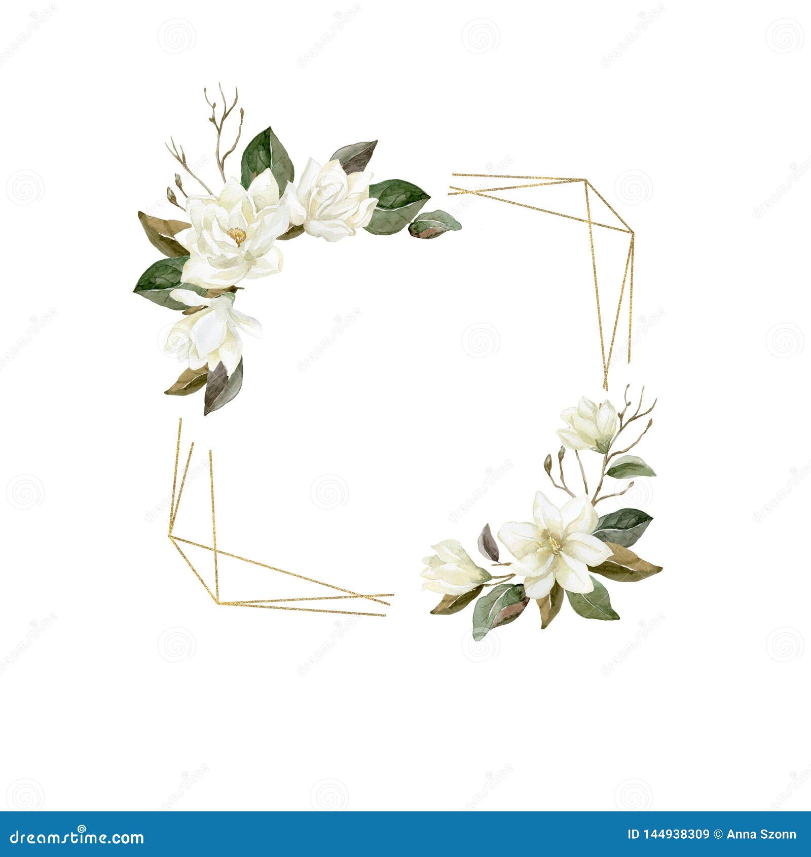 watercolor magnolia frame with gold crystal .