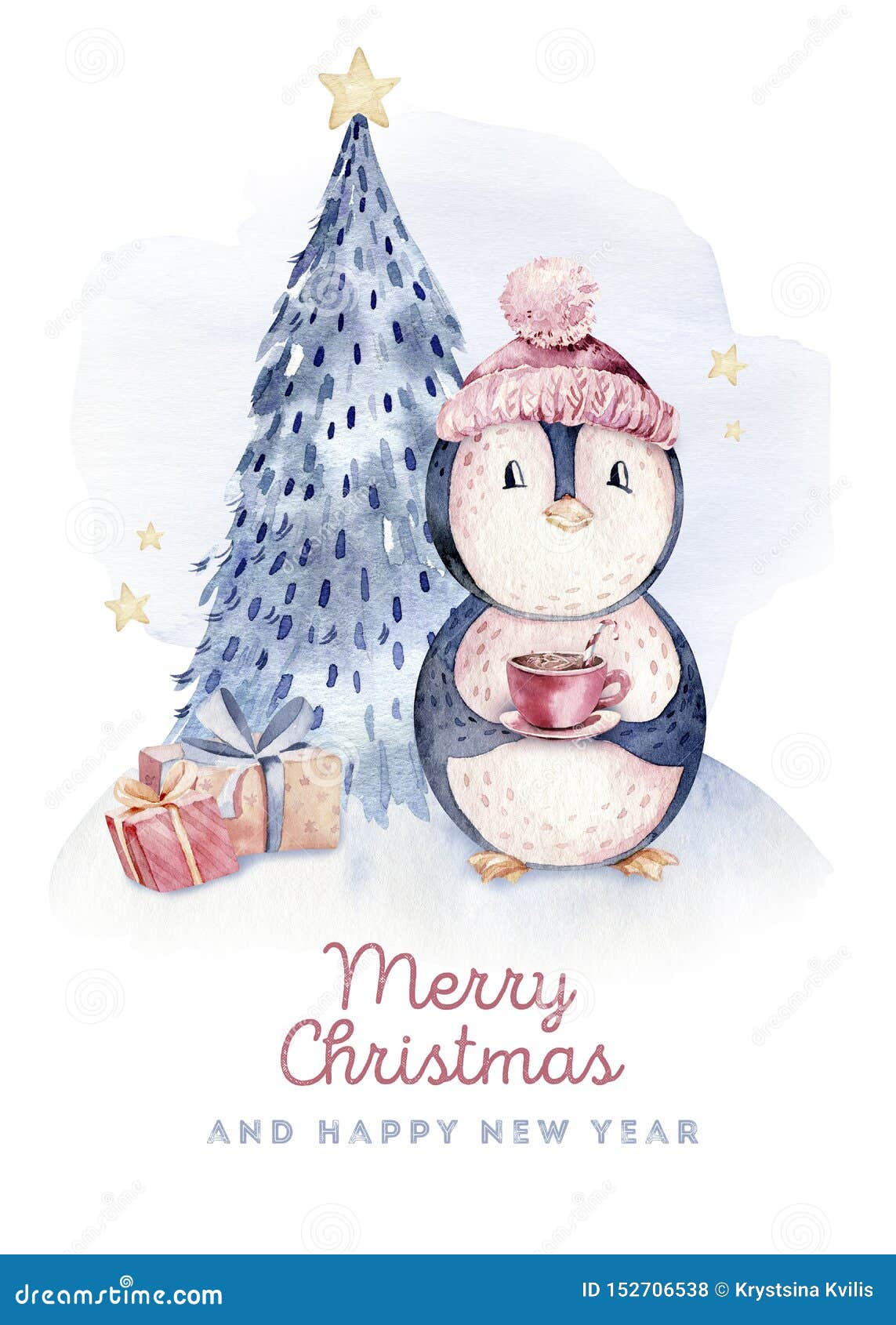 Watercolor Merry Christmas Character Penguin Illustration. Winter Cartoon  Isolated Cute Funny Animal Design Card Stock Photo - Image of drawing,  background: 152706538