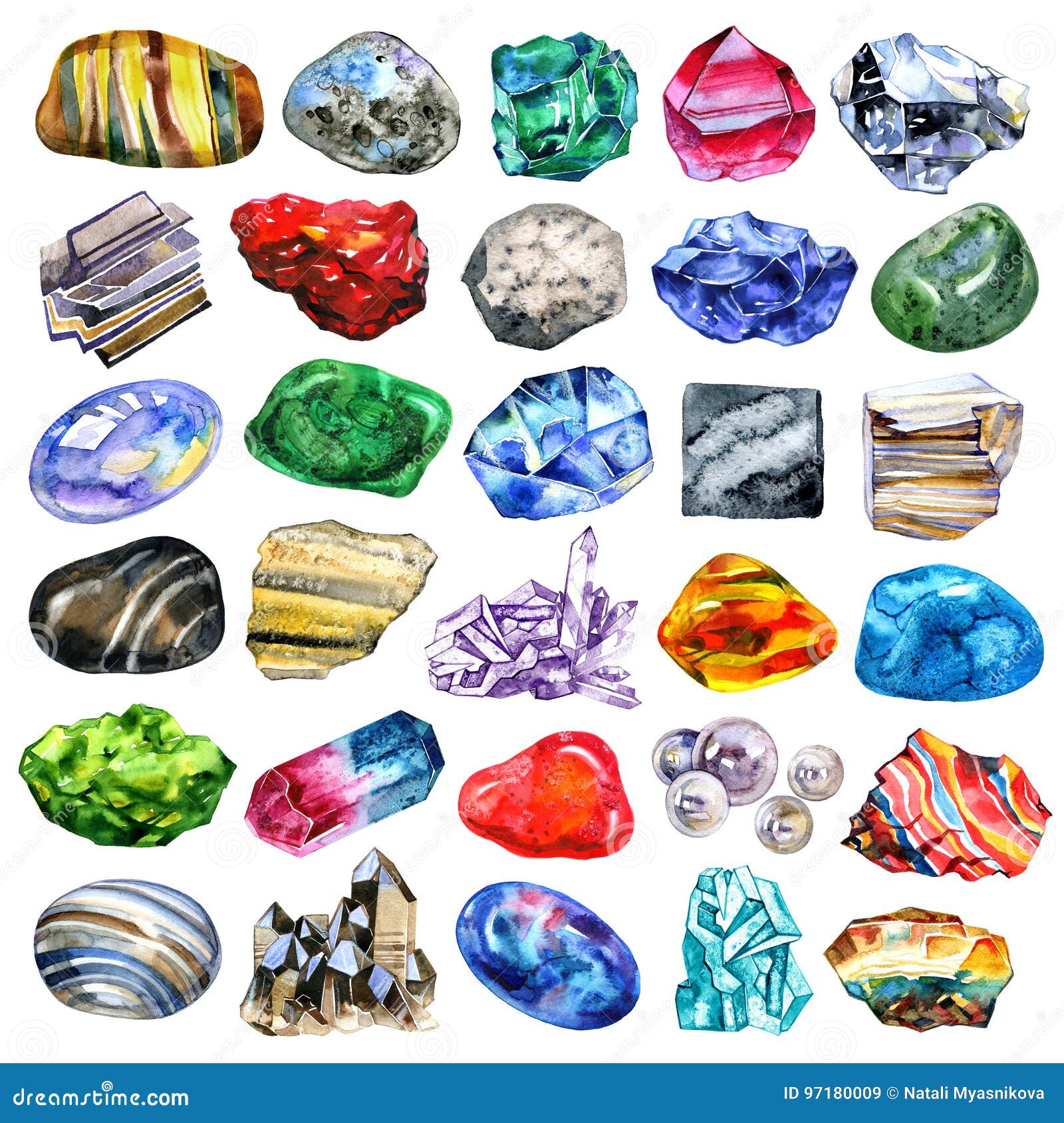 Watercolor Minerals and Gems Collection on White Background Stock