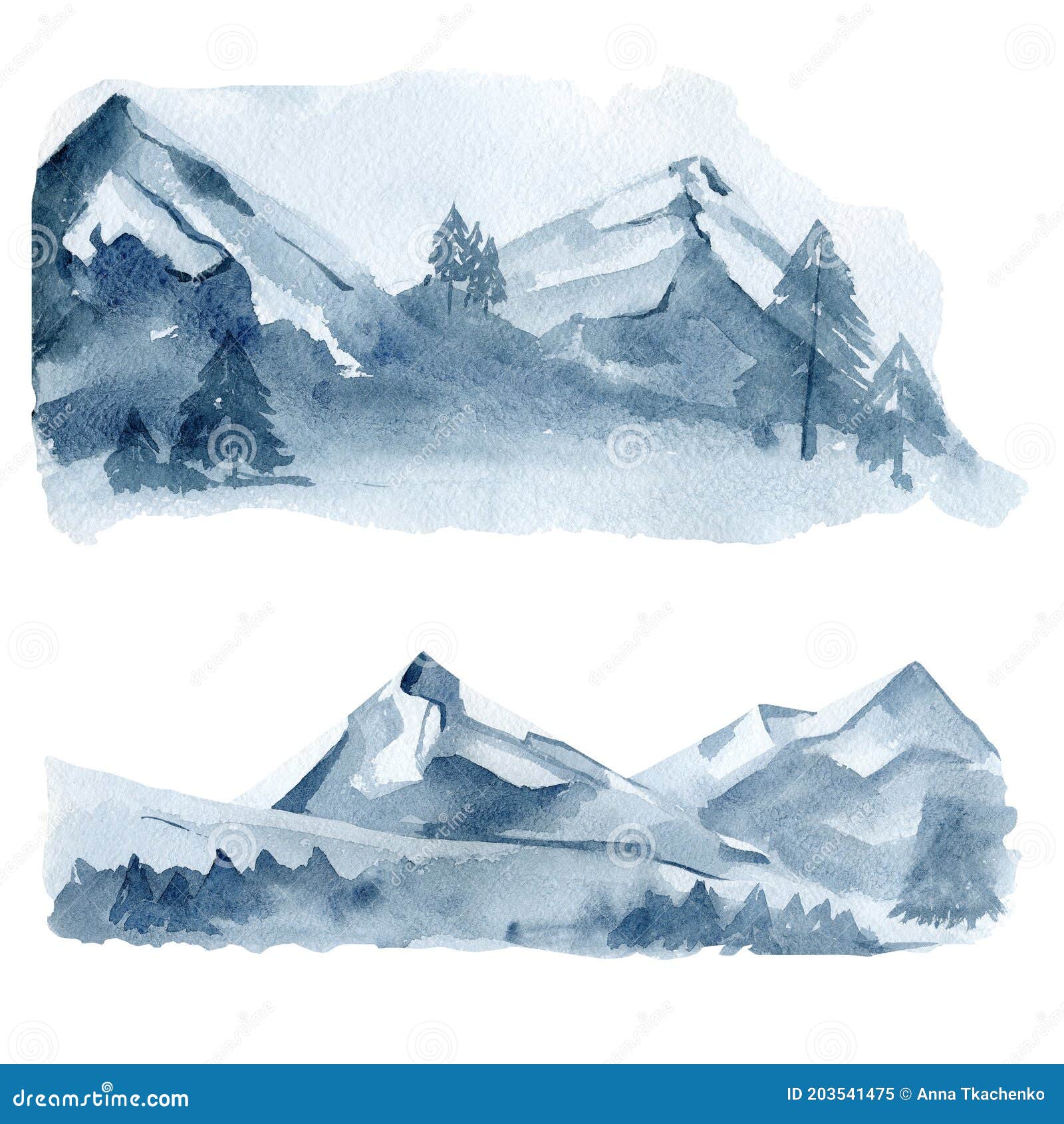 watercolor mountaine landscape scene,  forest tree, winter deep blue. christmas woodland. travel  for logo