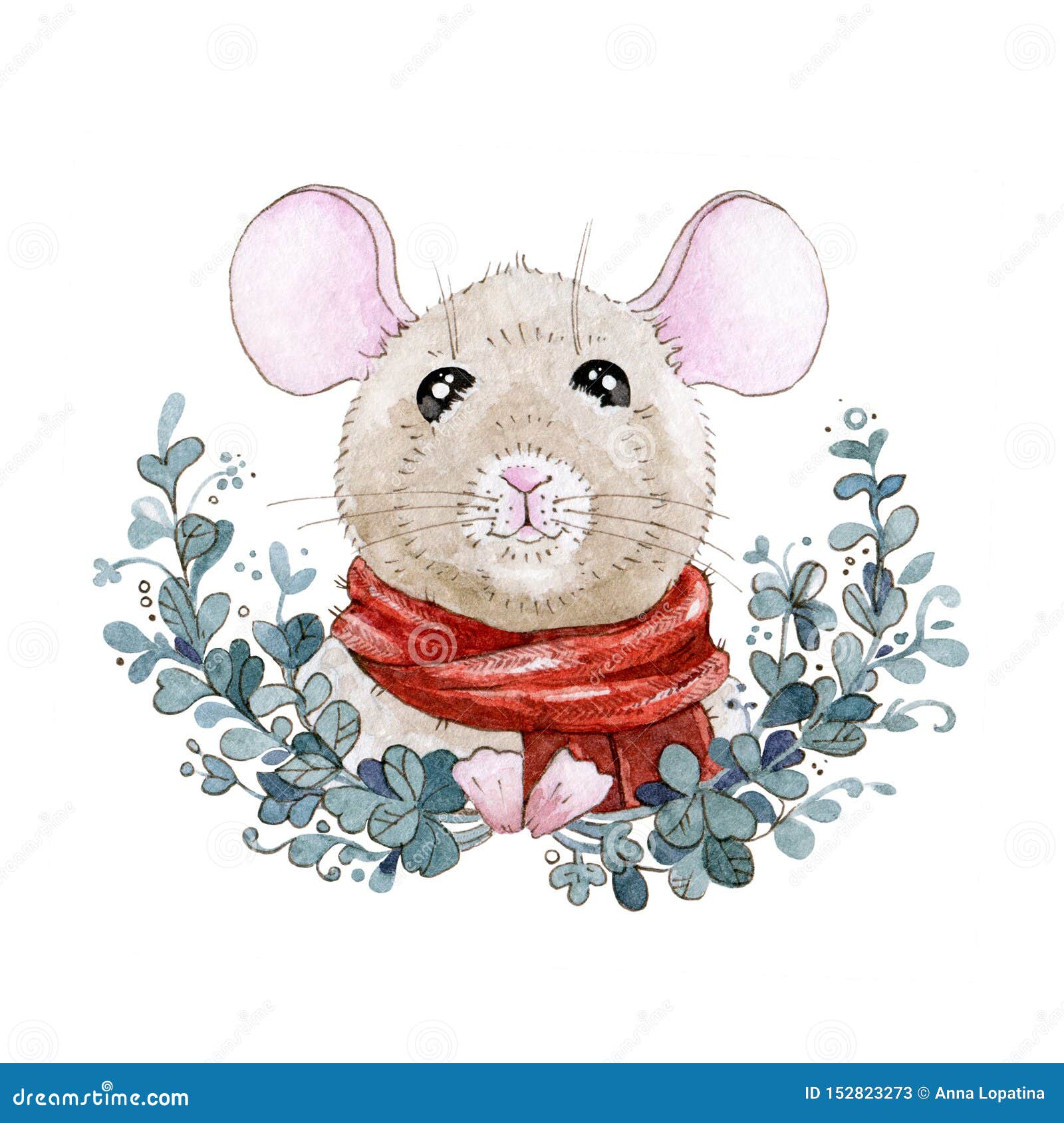 Watercolor Mouse or Rat Illustration in a Red Scarf with Wreath. Cute ...