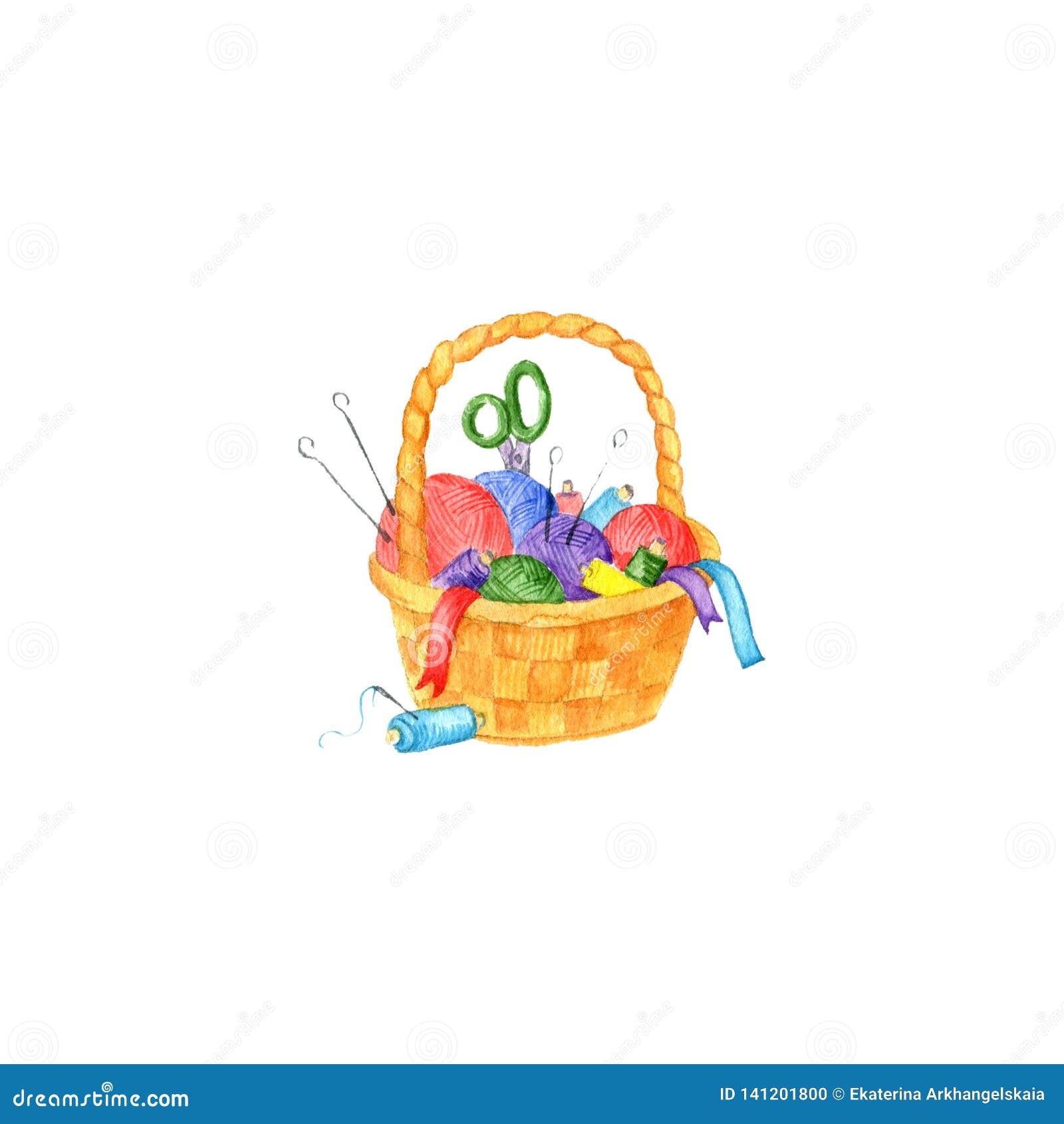 Watercolor Needlework Basket Stock Illustration Illustration of