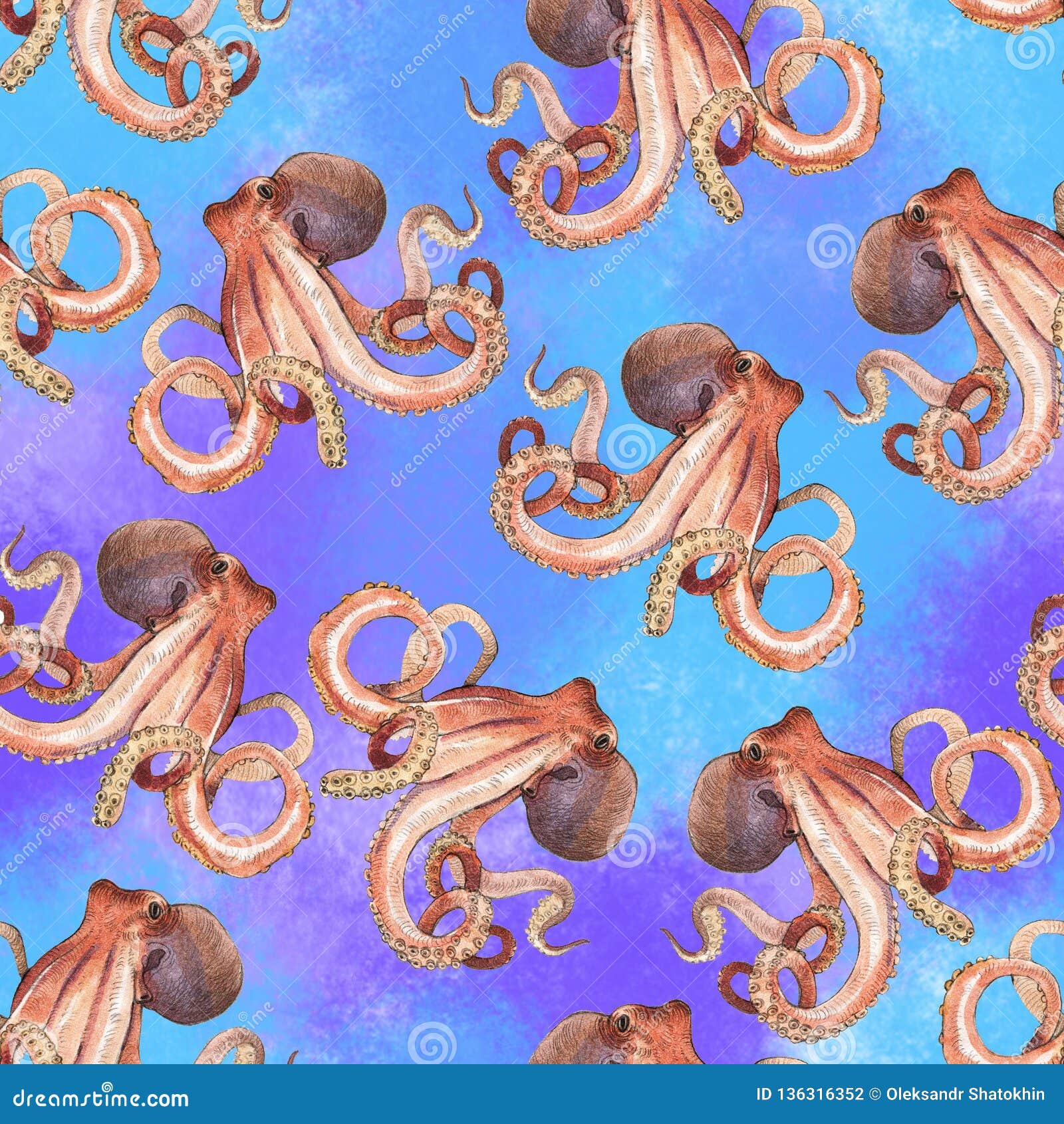 Watercolor Octopus Seamless Pattern on Color Background Stock