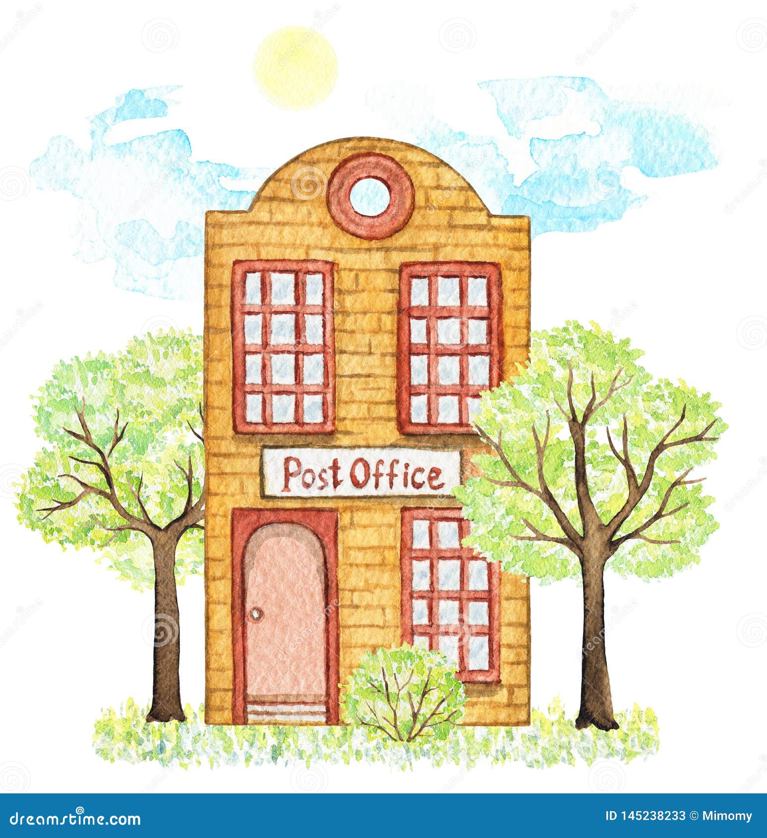 Watercolor Orange Cartoon Post Office Building Surrounded Landscape Stock  Illustration - Illustration of isolated, department: 145238233