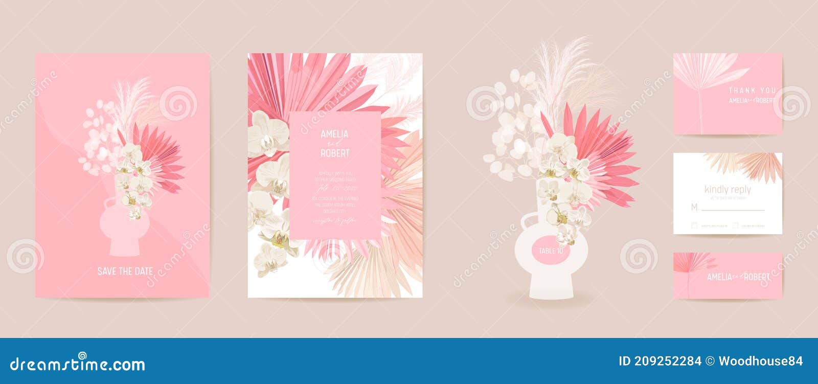 watercolor orchid, pampas grass, lunaria floral wedding card.  exotic flower, tropical palm leaves invitation