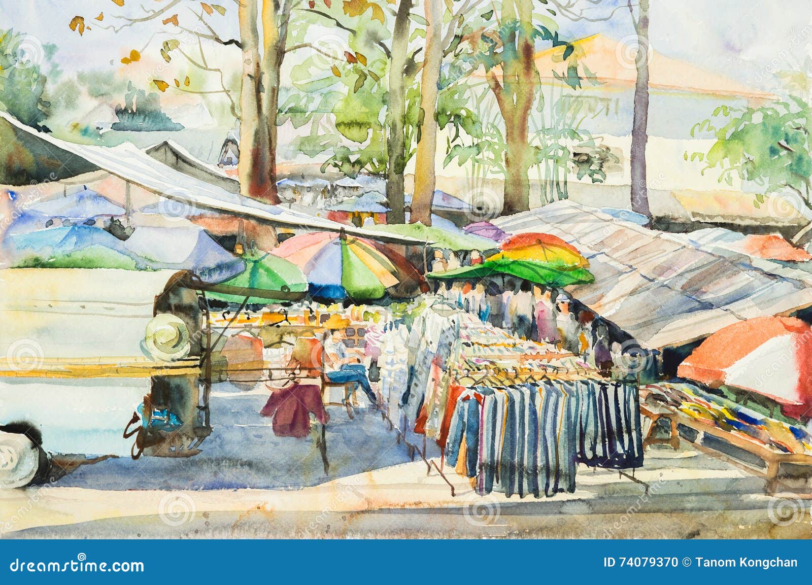 watercolor original landscape painting of locals market in rural scene