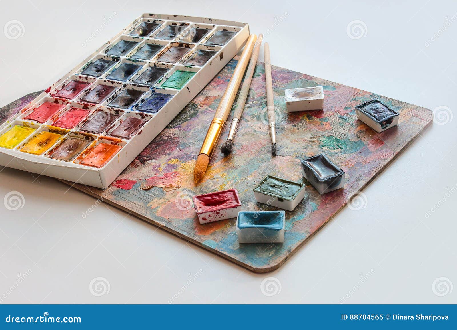 Watercolor Paint and a Palette with Brushes Stock Image Image of