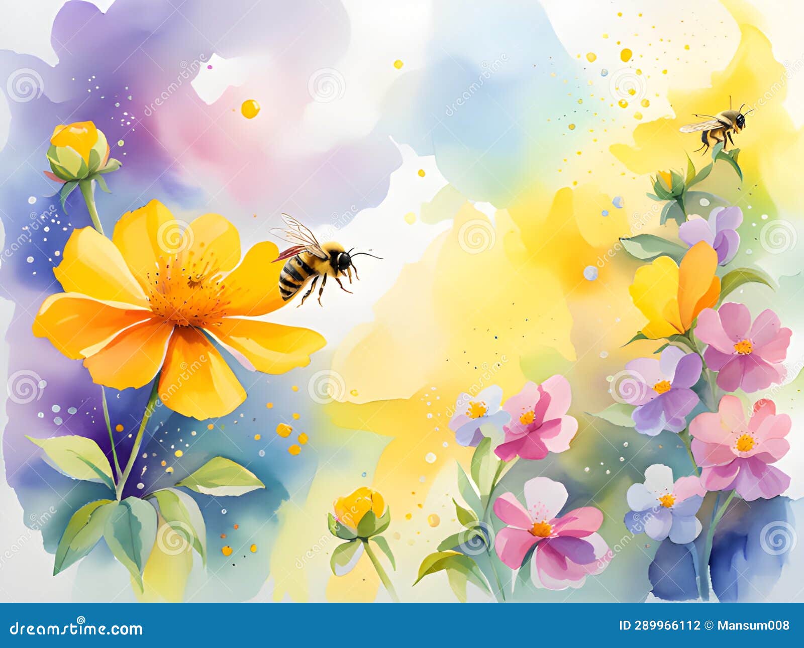 Watercolor Painting of Bees and Flowers, Illustration, Ai Generated ...