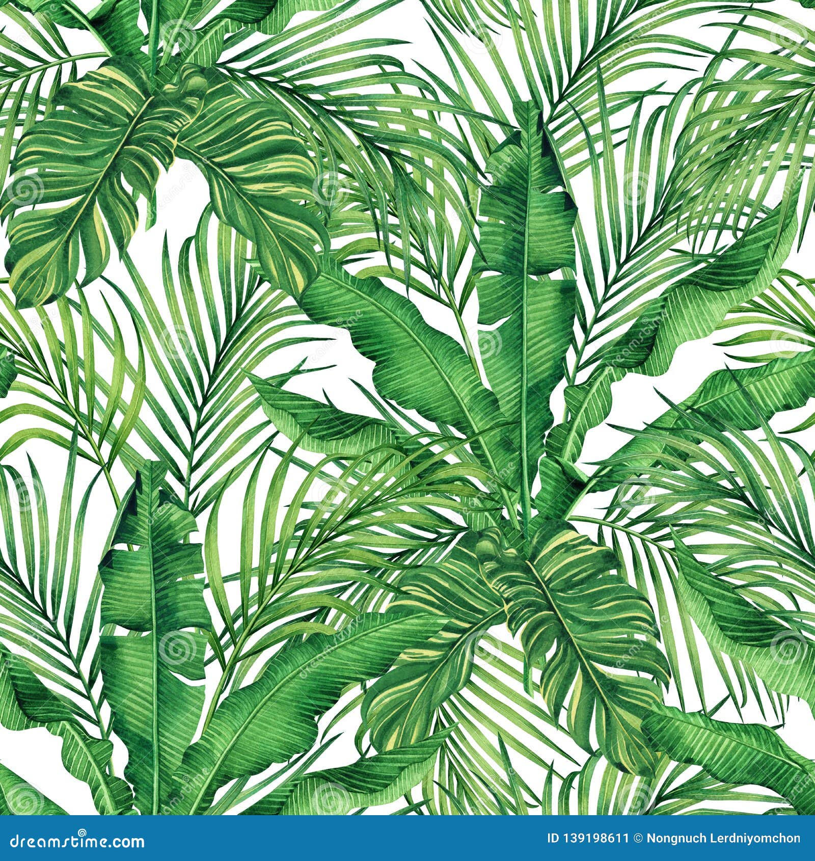 watercolor painting coconut,banana,palm leaf,green leave seamless pattern background.watercolor hand drawn  tropical e