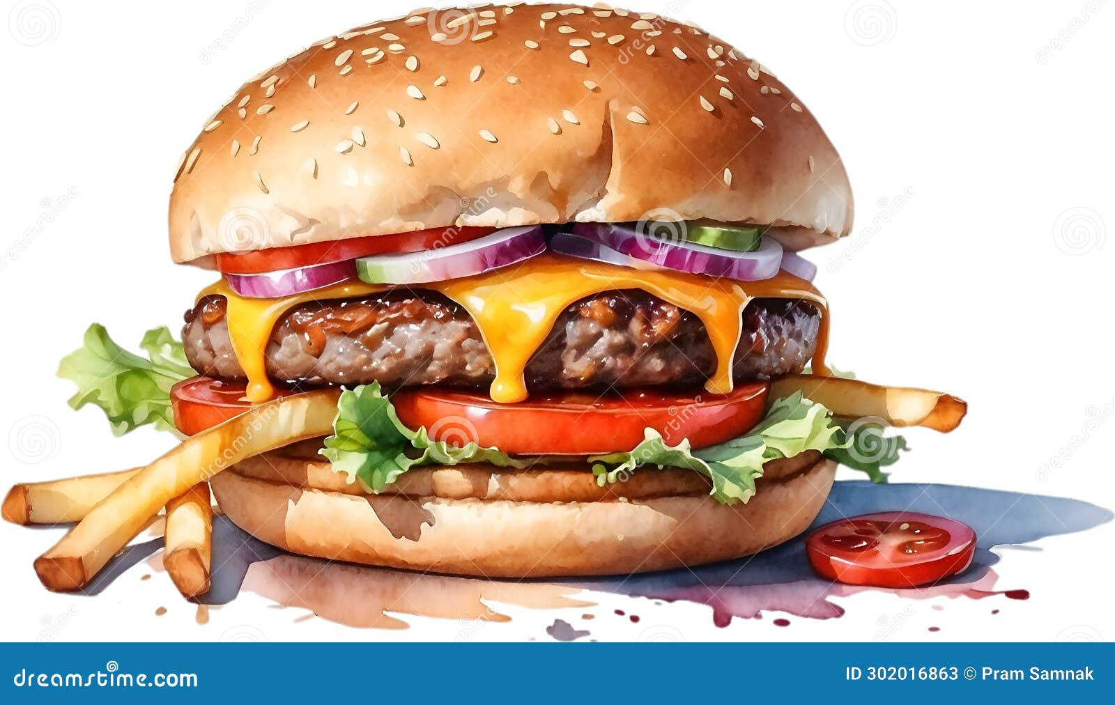watercolor painting of a delicious-looking burger and fries. ai-generated.
