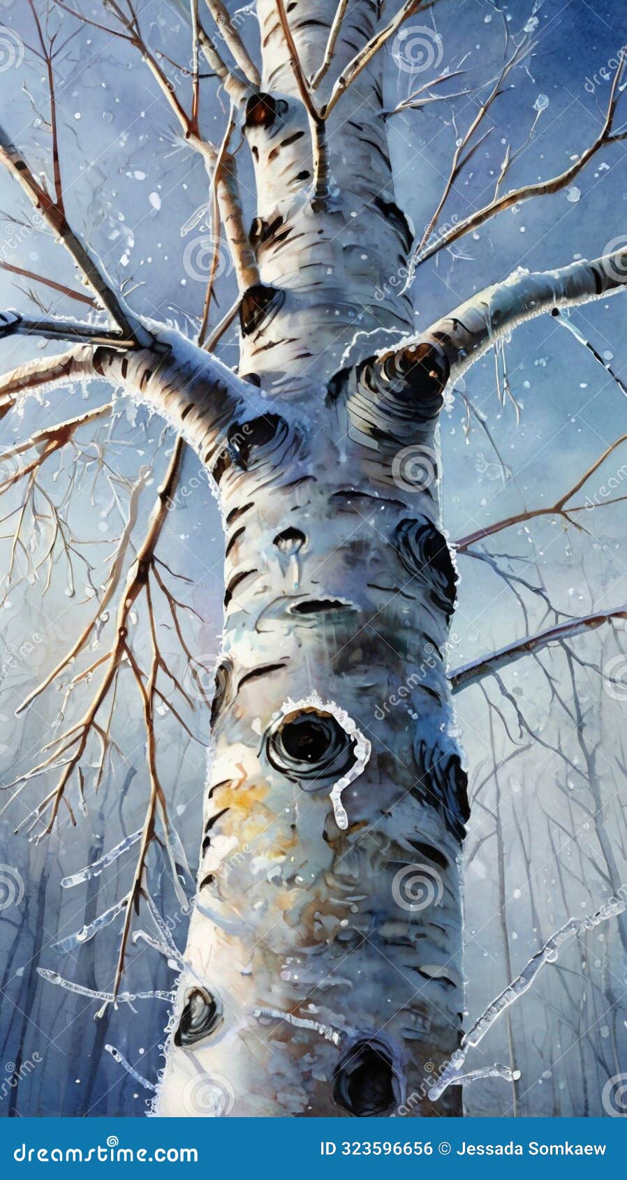 watercolor painting: a frost-laden birch tree, its slender branches adorned with delicate ice crystals, creating a mesmerizing,