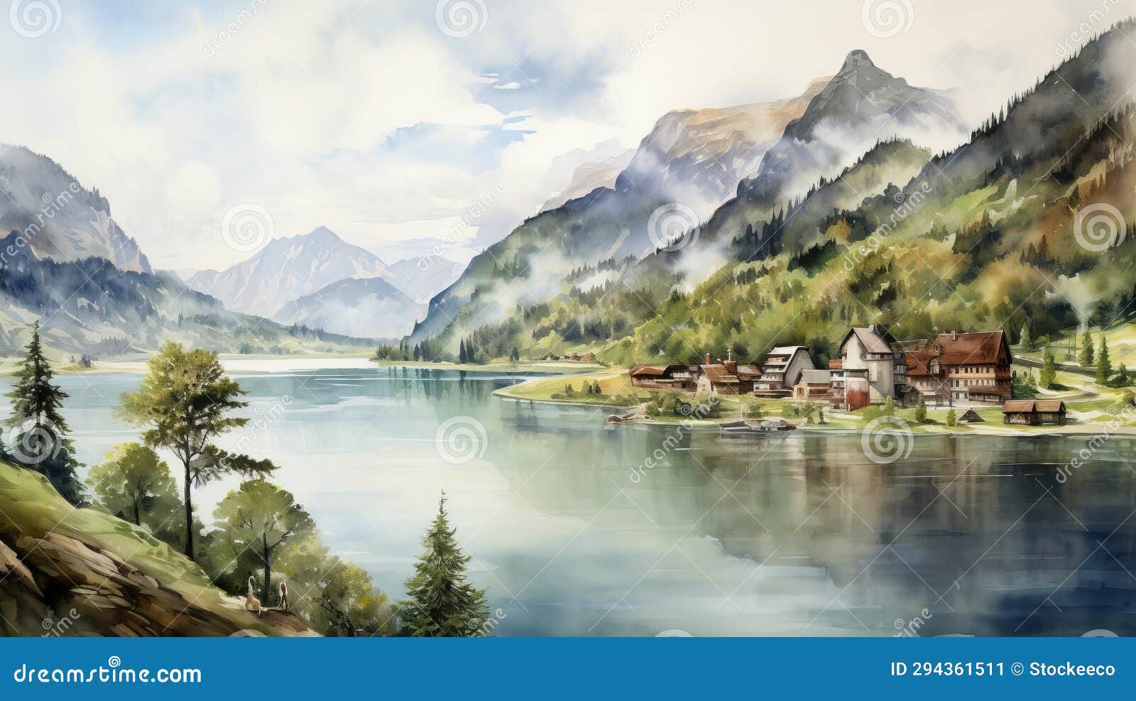 whistlerian watercolor: misty alps village and lake in 8k resolution