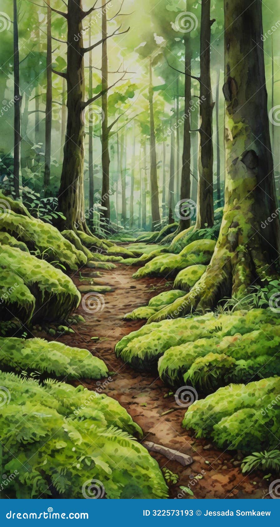 watercolor painting: a lush carpet of moss blanketing forest floor, its verdant hue and soft texture testament to nature's