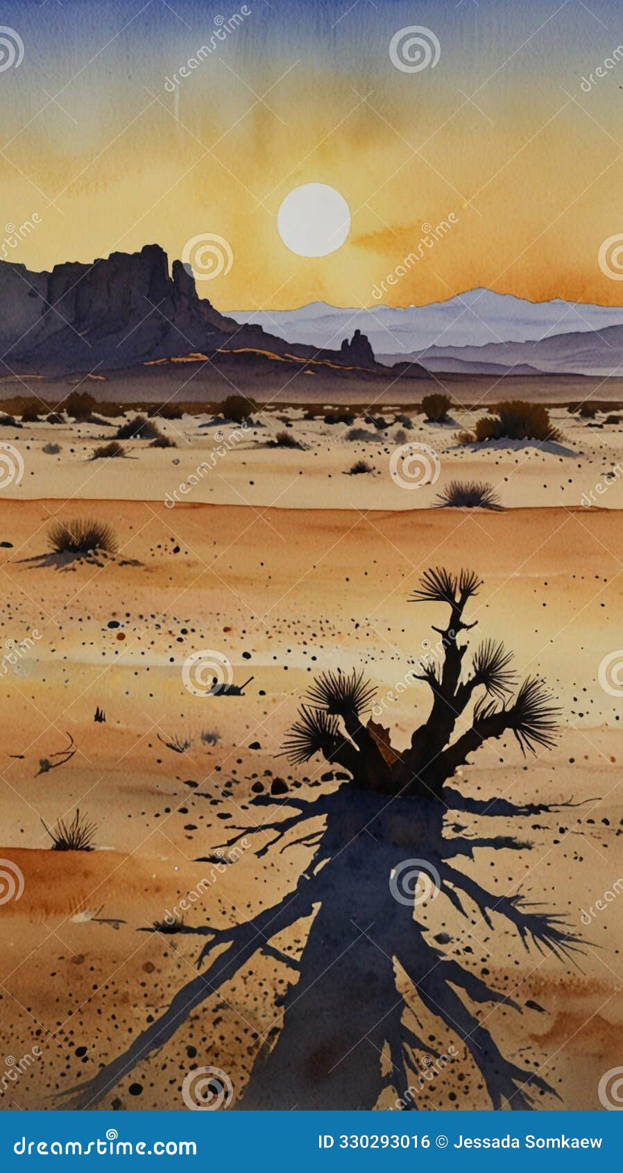 watercolor painting: a minimalist captures the stark beauty of a desert landscape at dawn. a single silhouette stands against the