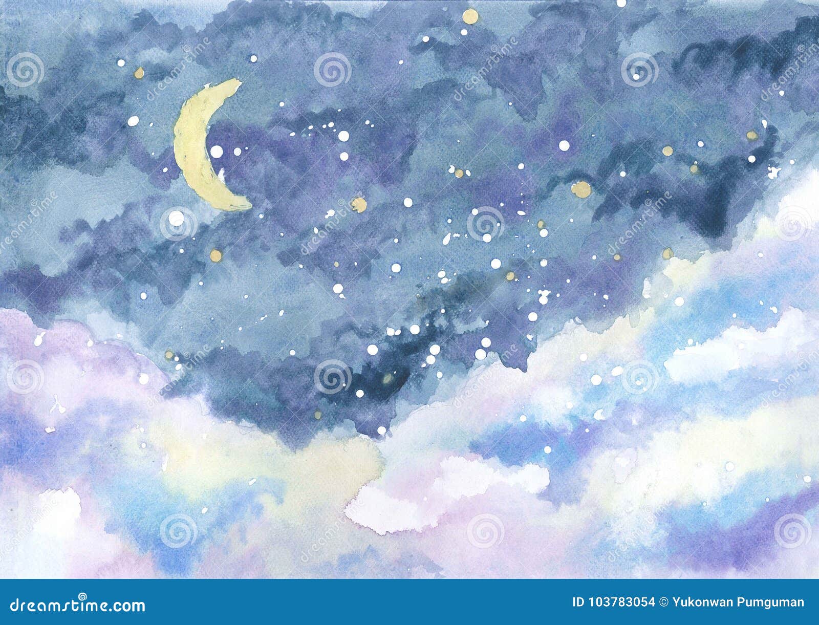 Watercolor Painting Of Night Sky With Crescent Moon Among Stars And ...