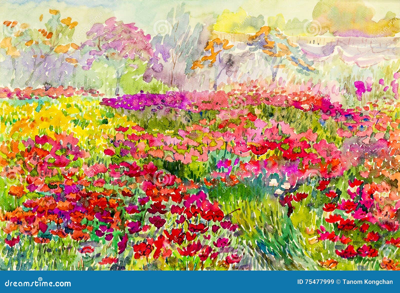 Watercolor Painting Original Landscape Colorful of Flowers Fields ...