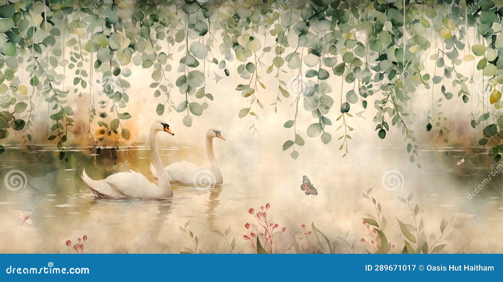 watercolor painting pattern of flowers surrounding the lake with a pair of white geese in vintage style for wall painting