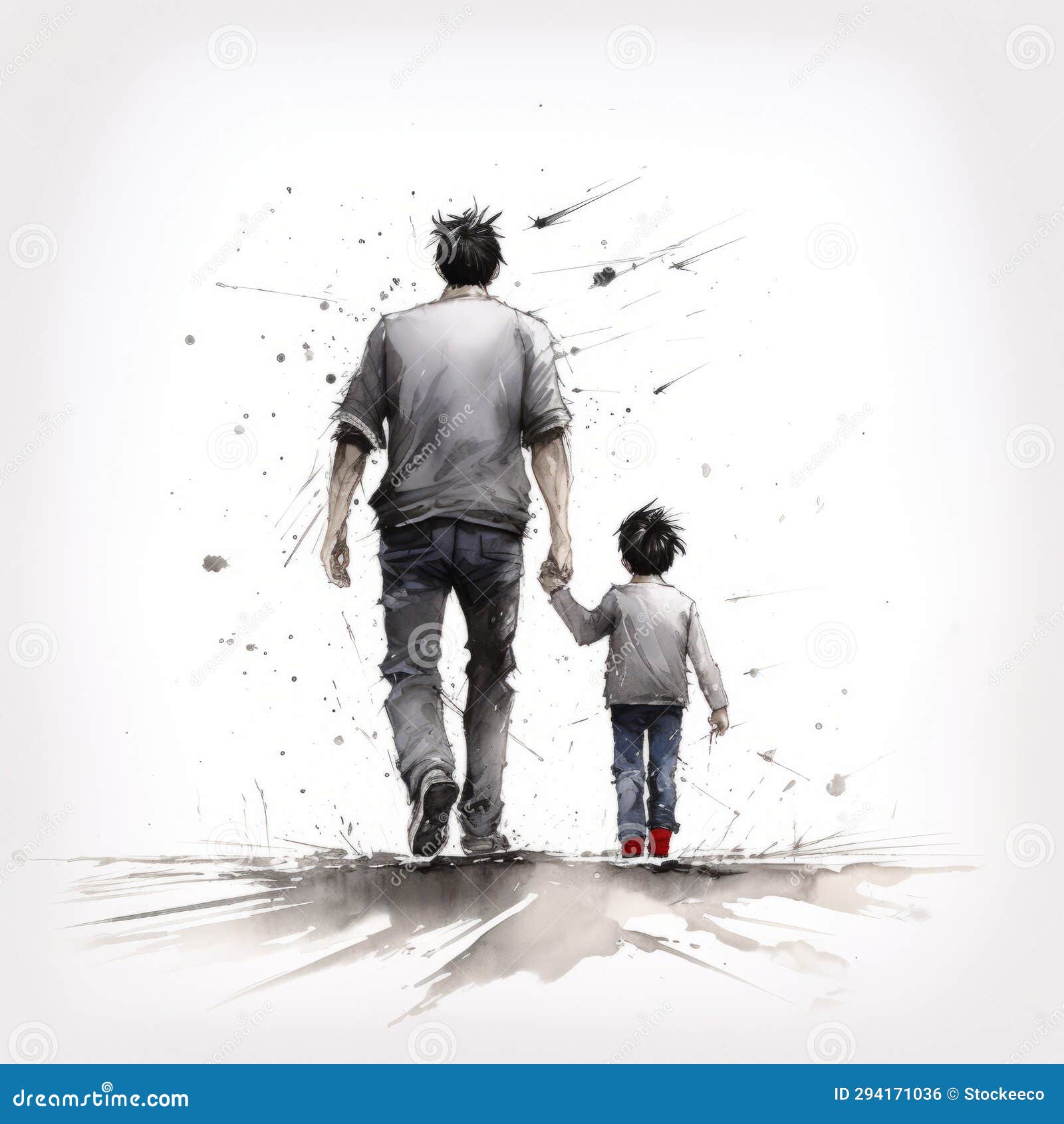 watercolor painting: a realistic and emotionally complex father-son 