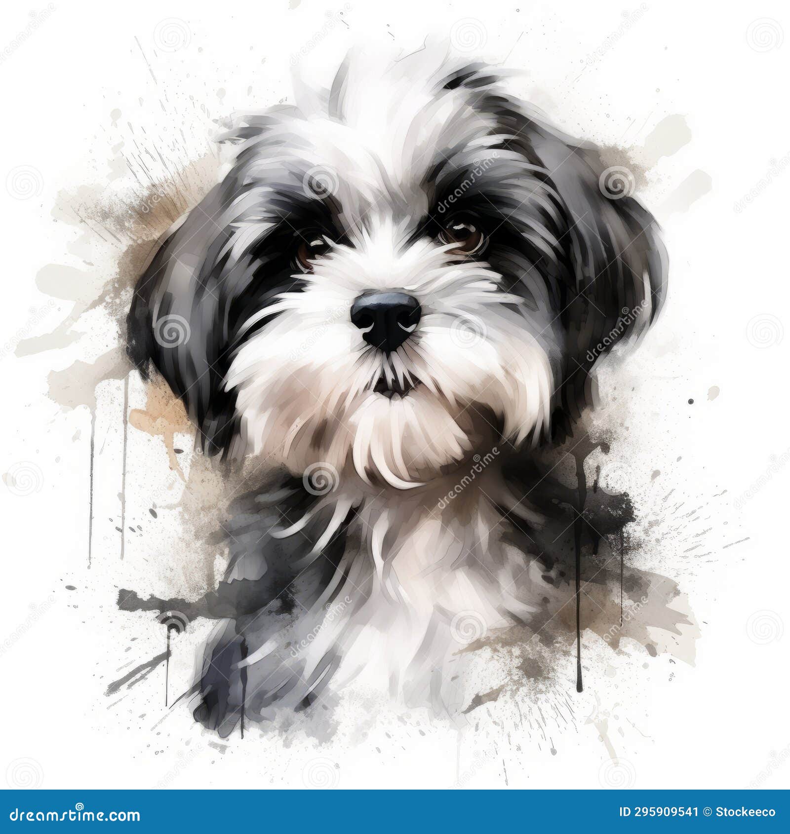 whimsical black and white shih tzu dog  on watercolor background