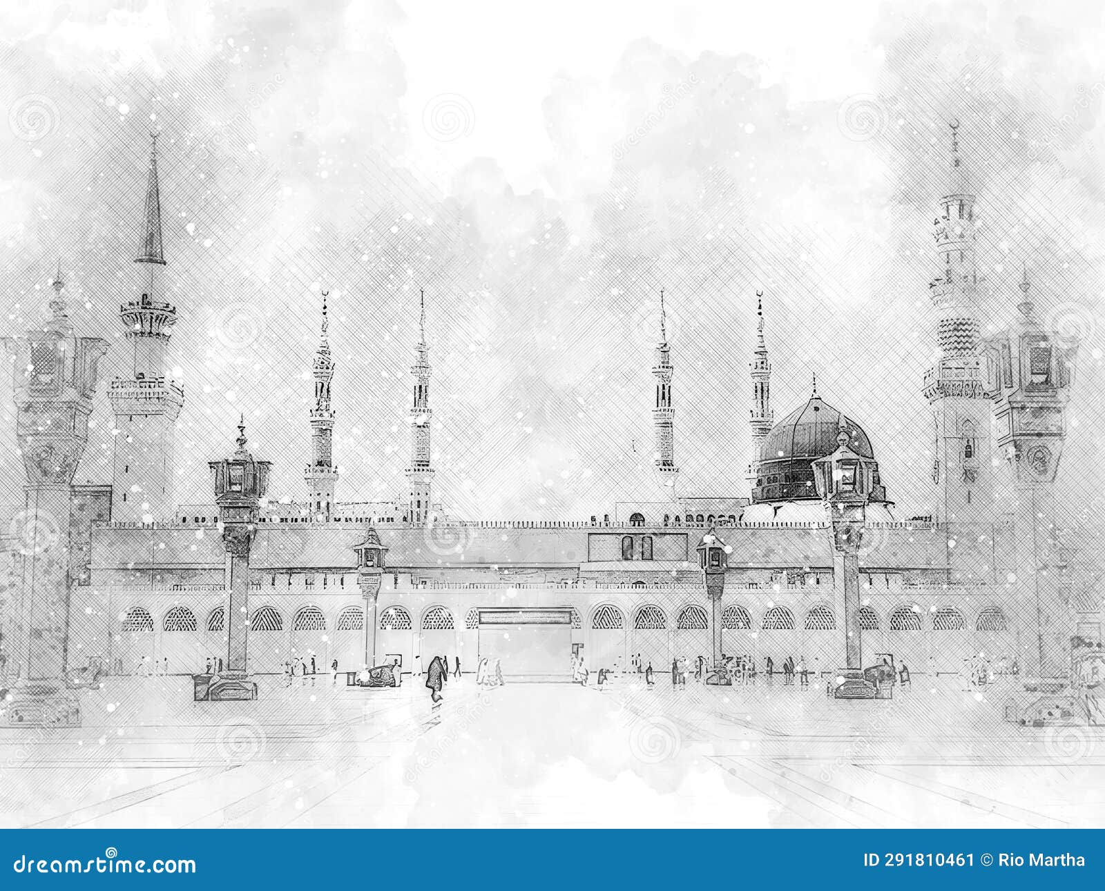 watercolor painting sketch black and white of a green mosque with a green dome, prophet mosque in medina, saudi arabia