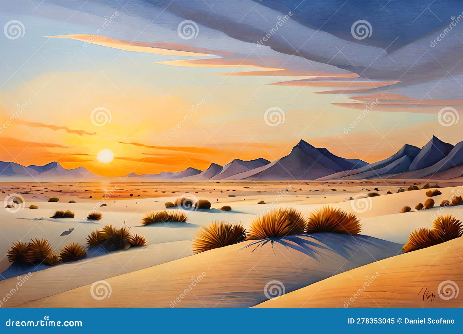 A Watercolor Painting Of A Sunset Over Mountain Peaks And A Desert With