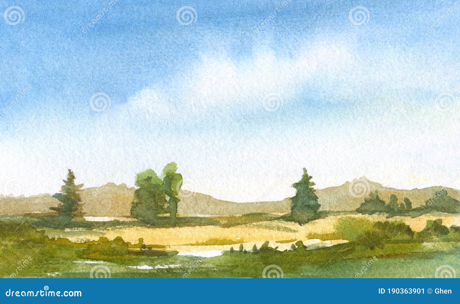 watercolor painting tranquil landscape with hills, firs, blue sky  with clouds, green grass