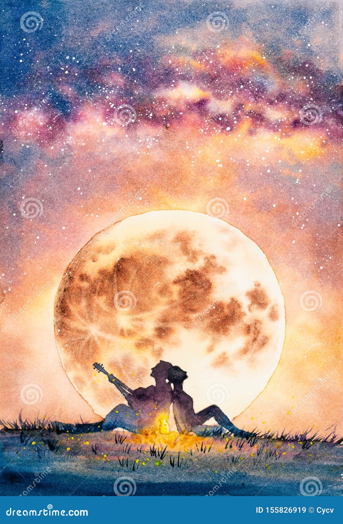 watercolor painting - young man delivers his affection to a fantastic one guitar under moon night
