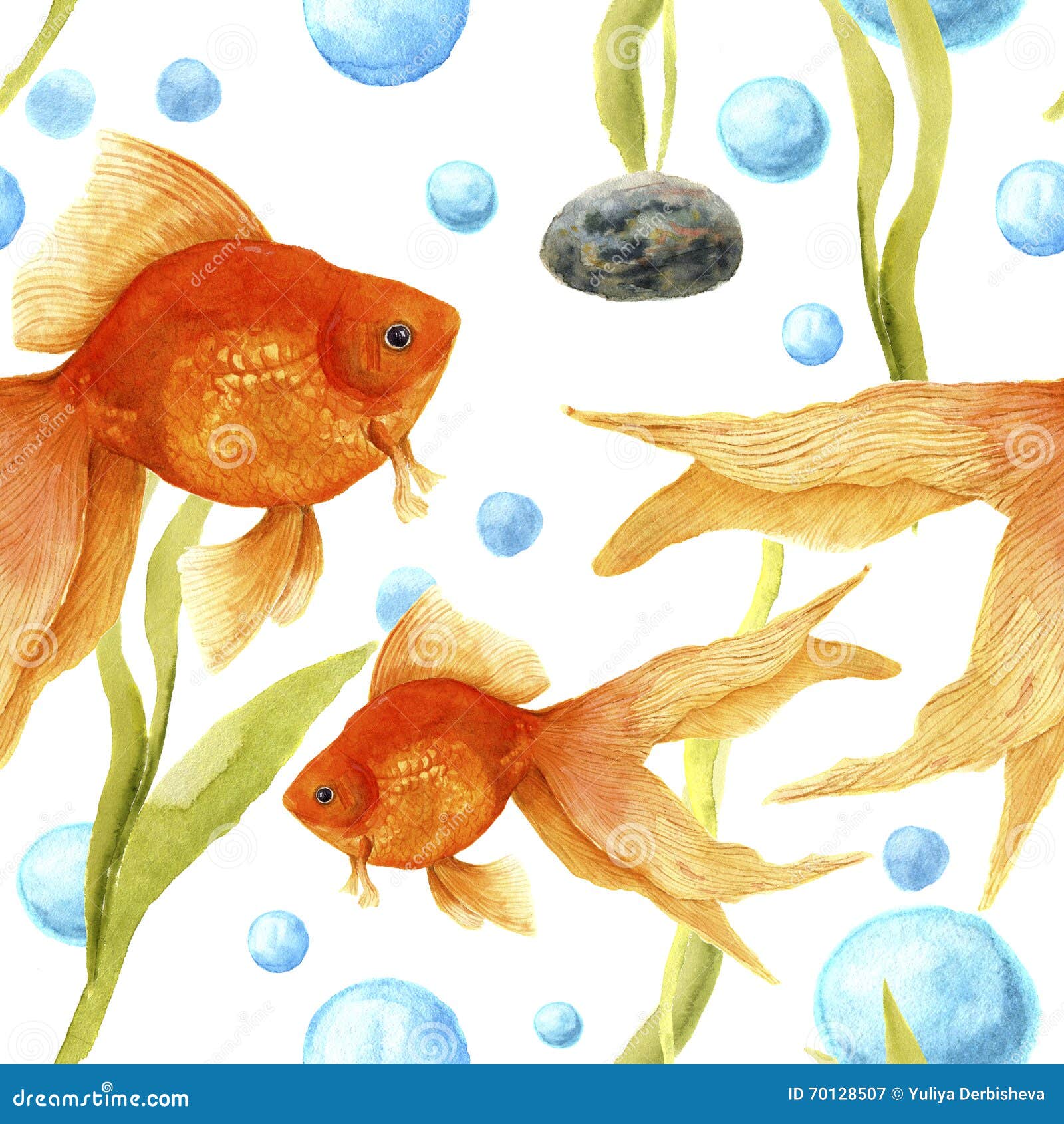 Watercolor Pattern with Aquarium. Goldfish, Stone, Algae and Air