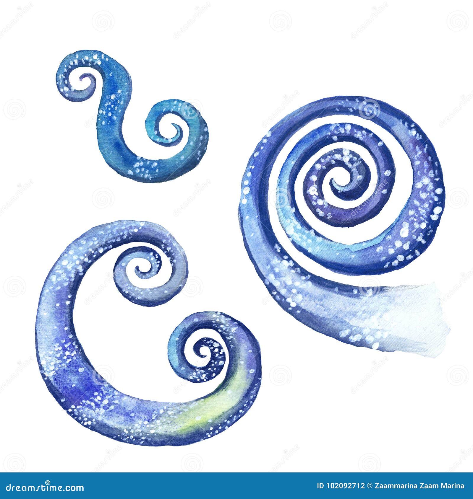 watercolor pattern set of three ornamental, curlicues, for winter new year decoration, decoration on white background