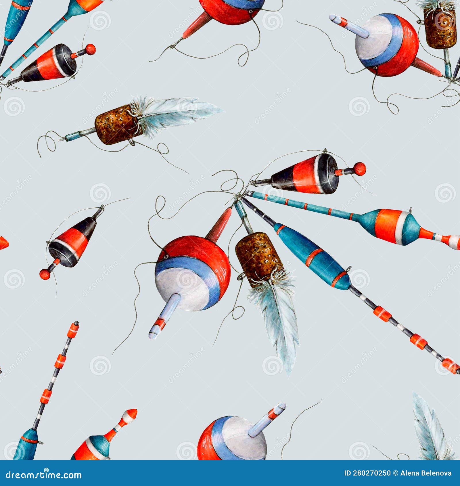 Watercolor Pattern of Various Fishing Wobblers, Red, White, Blue