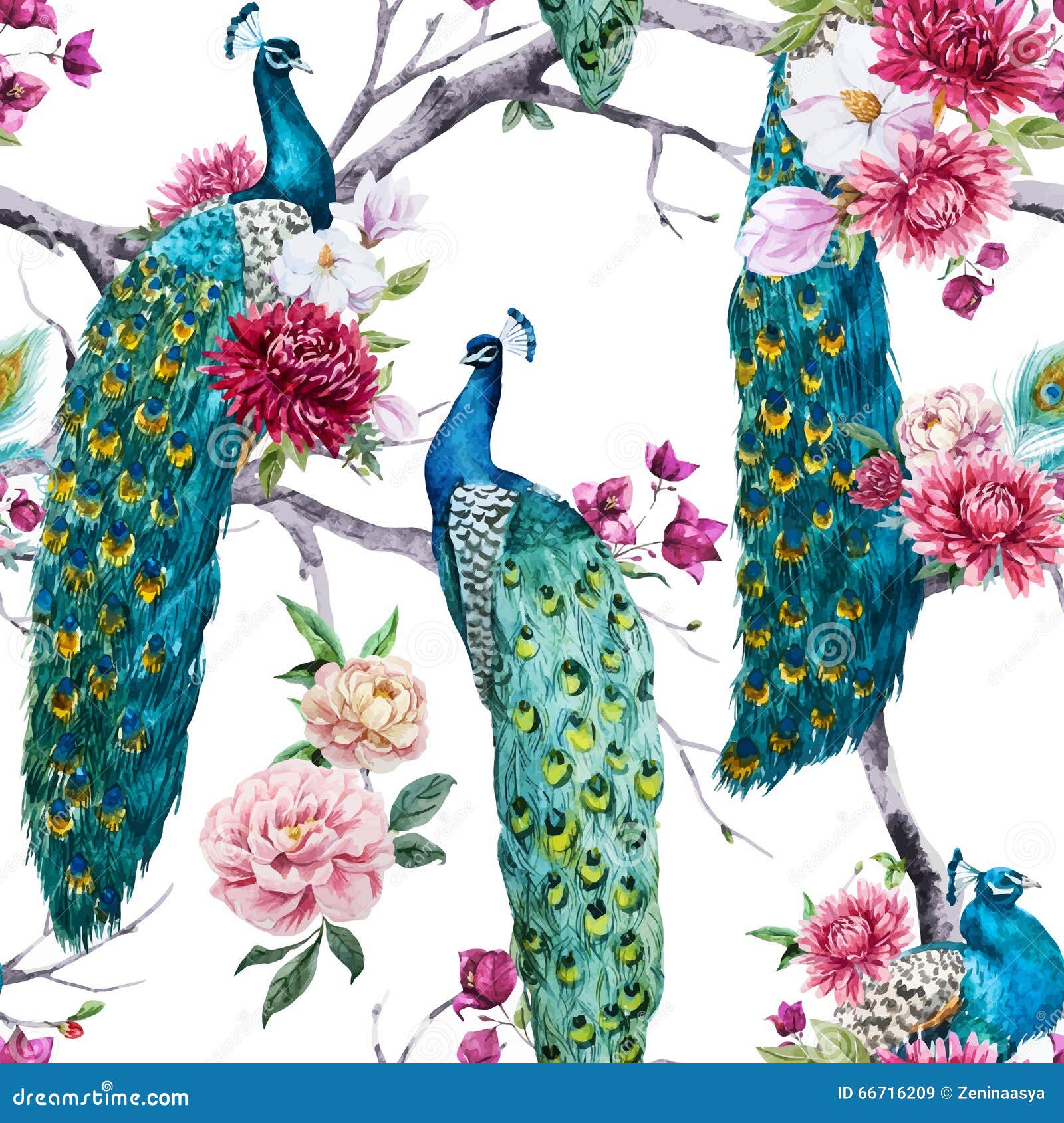 watercolor peacock and flowers pattern