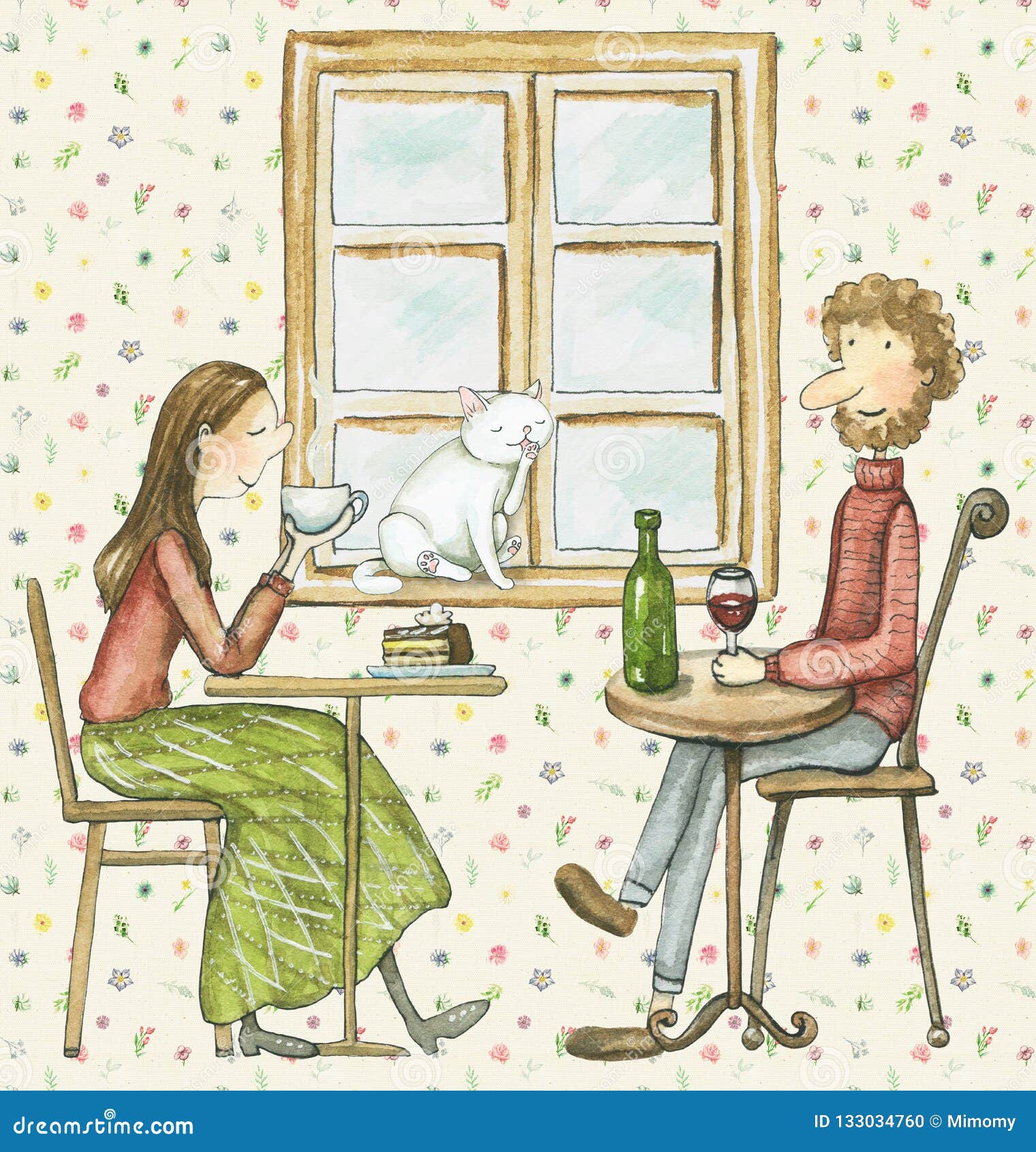 Watercolor People Eat  And Drink In Cat  Cafe  Stock 