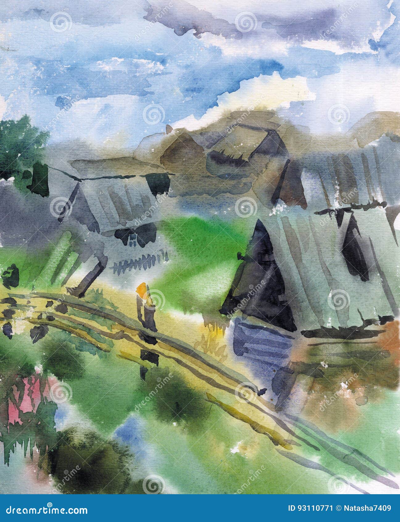 Watercolor picture of a Siberian village. Old wooden houses in a remote Siberian village among tall grass