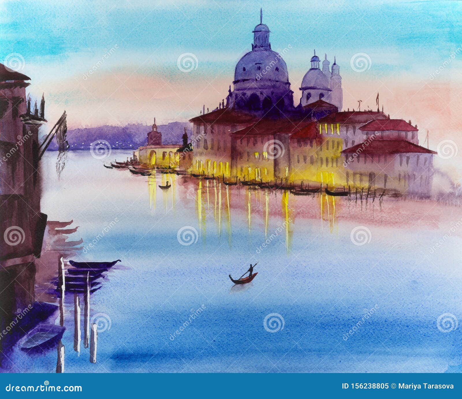 watercolor venice canal with gondolas and palaces