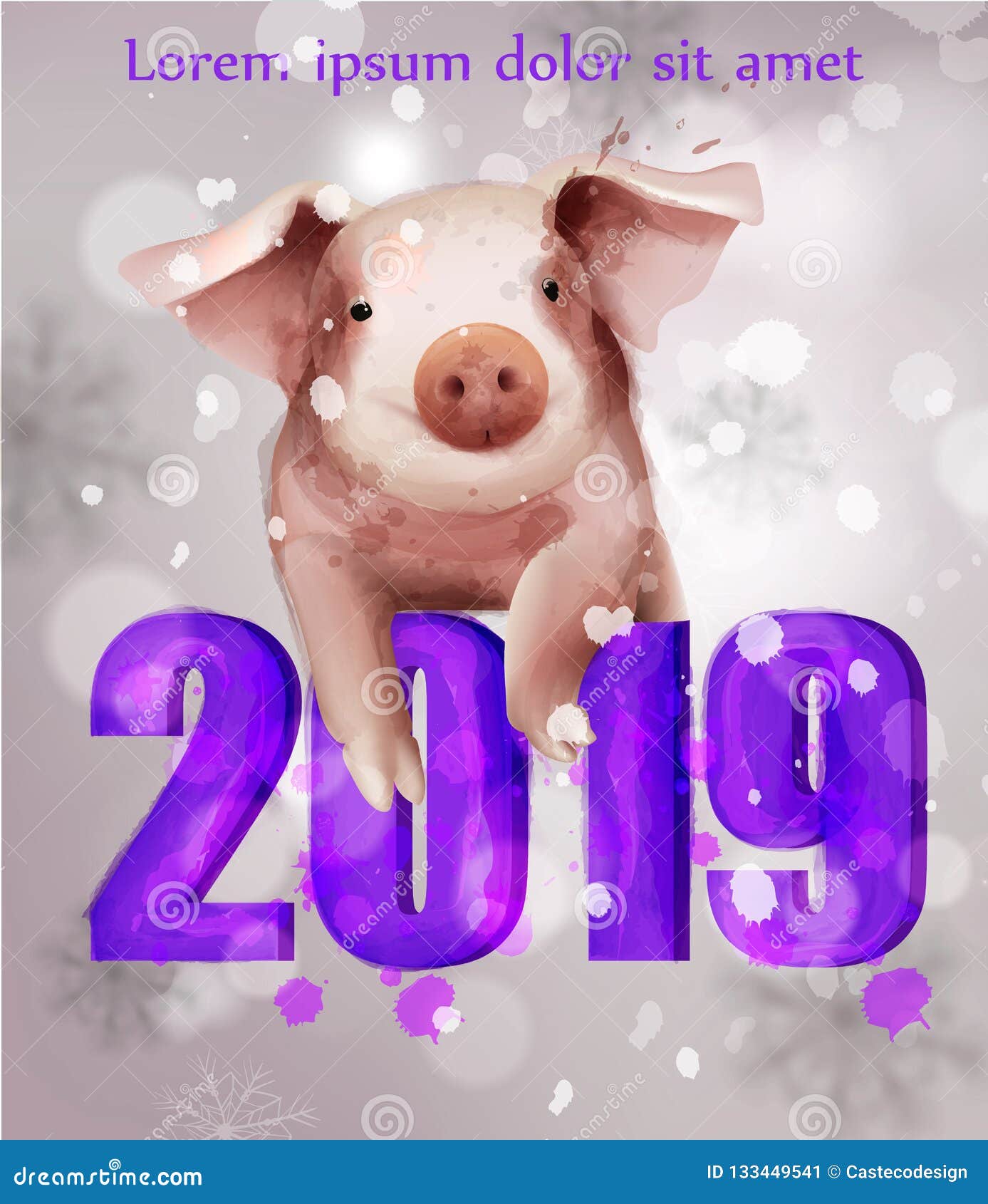 Download 2019 Watercolor Pig Year Card Vector.Snowy Blurry Background. Happy New Year Holiday Events ...