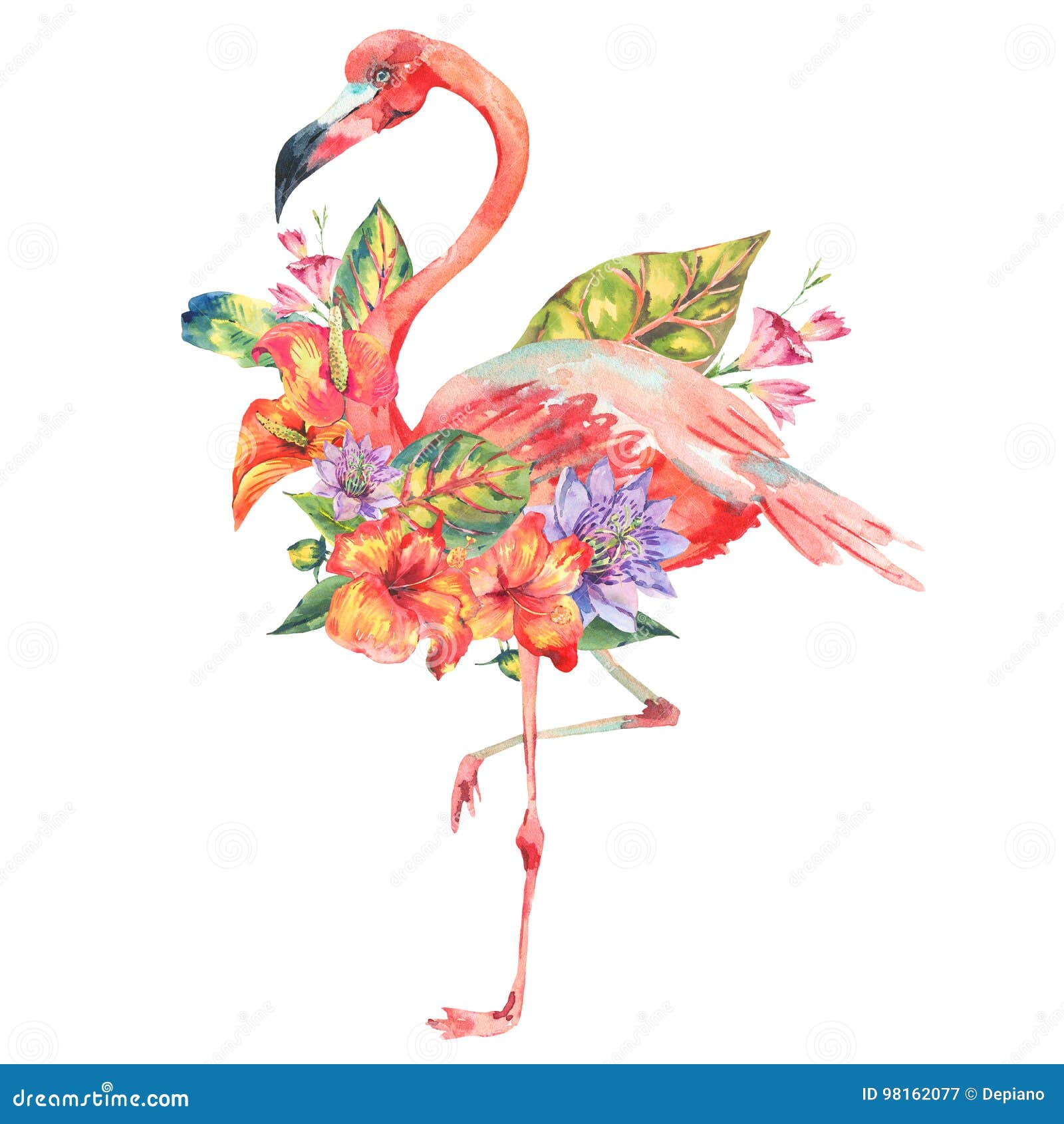 Download Watercolor Pink Flamingo And Tropical Flowers Stock ...