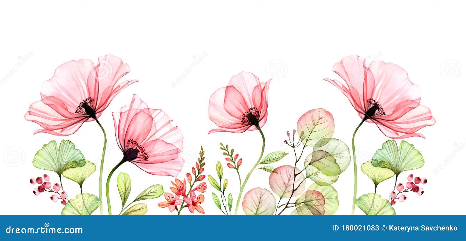 watercolor poppy bottom border. horizontal floral background. abstract pink flowers with leaves on white. botanical