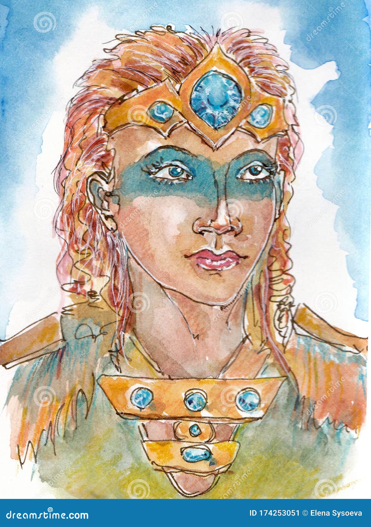 Watercolor Portrait Of A Warrior Girl In A Crown And Armor. Fan Art Skyrim Stock Illustration - Illustration Of Magic, Beautiful: 174253051