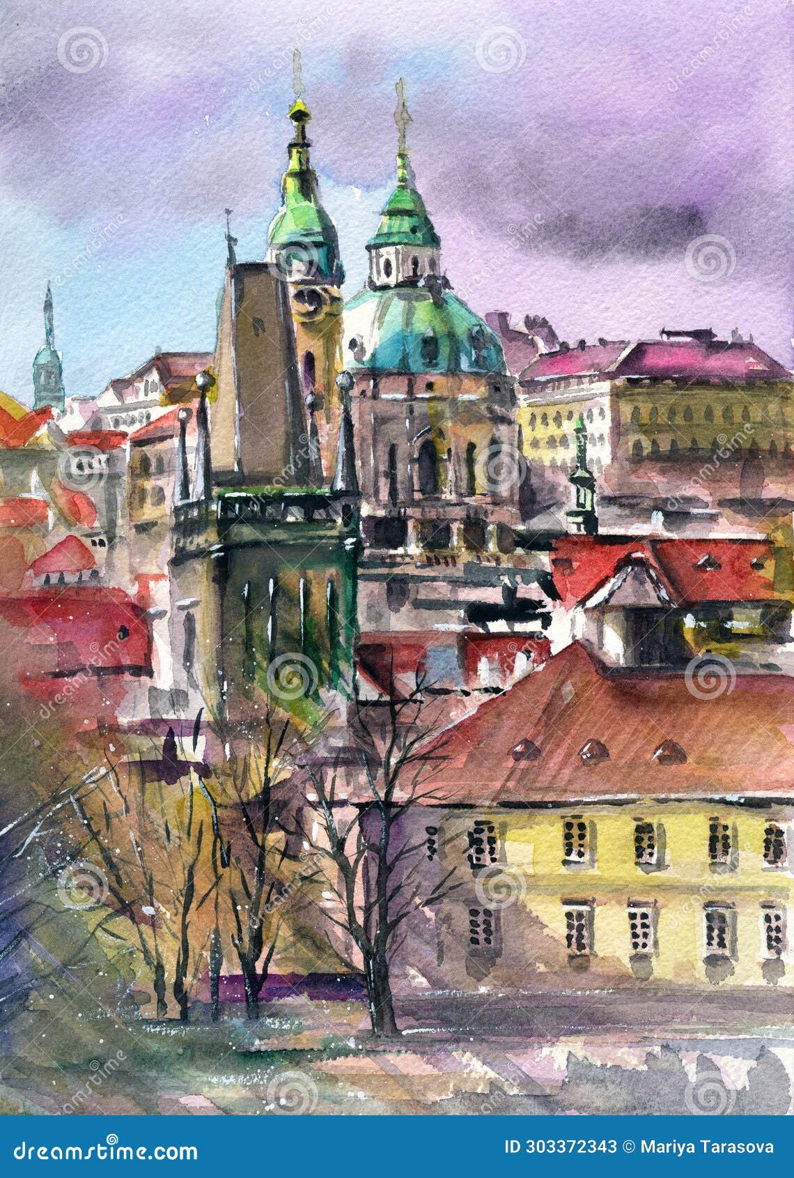 watercolor prague with houses, cathedrals and church steeples