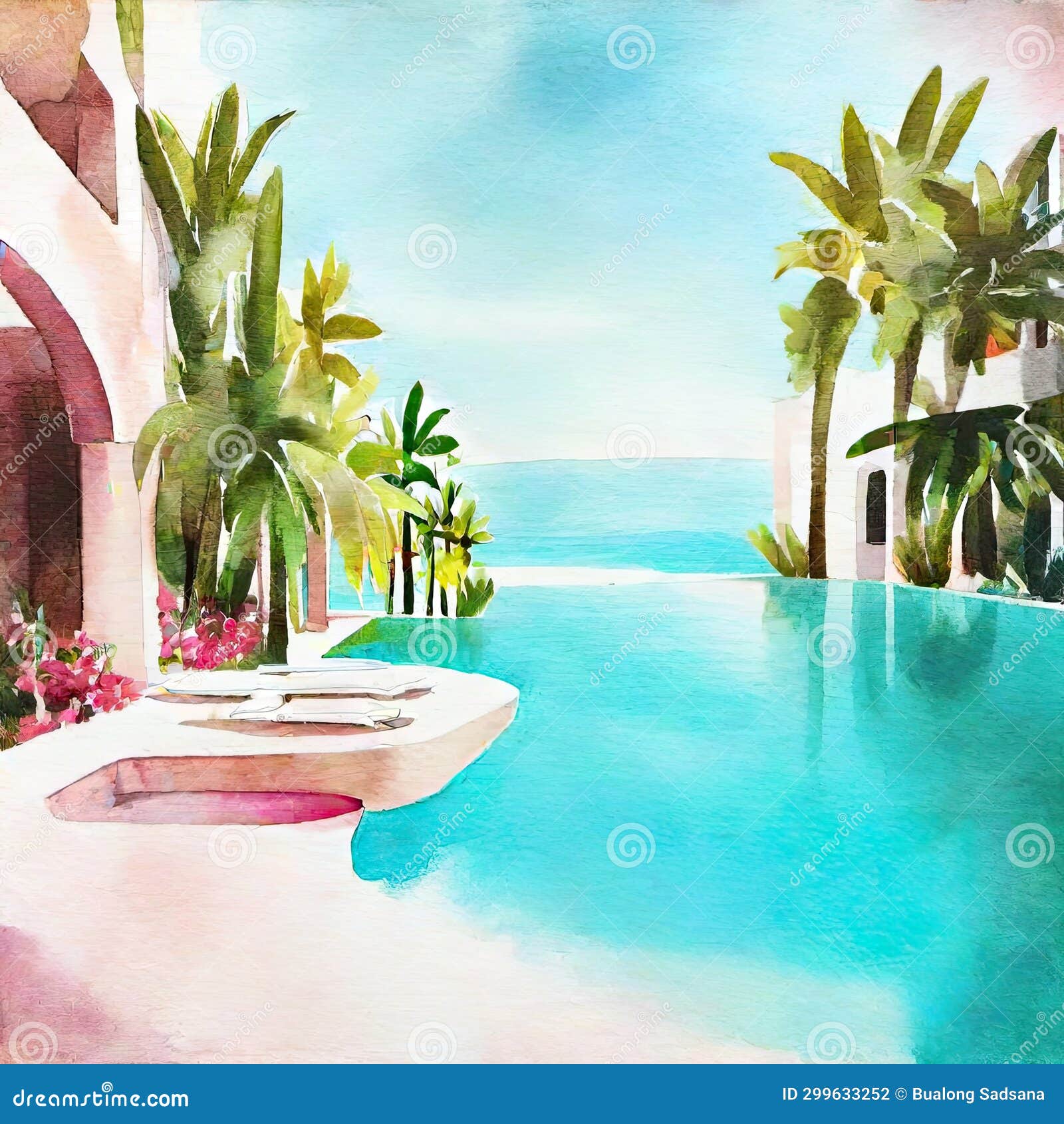 watercolor of product display piscina de lujo background piscina agua turquesa y palmeras ia generativa